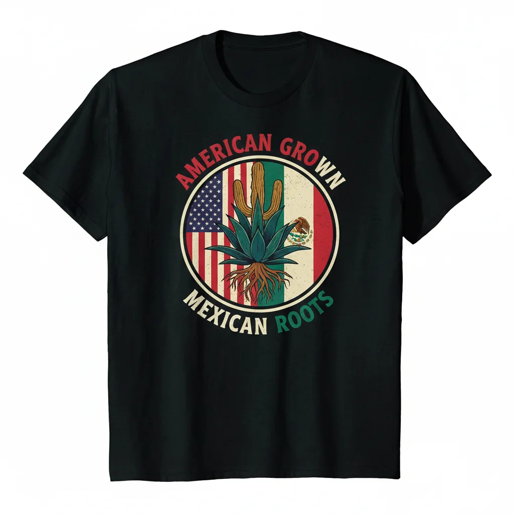 Camiseta American Grown Mexican Roots – Orgullo USA México Bandera – 100% Algodón Peinado