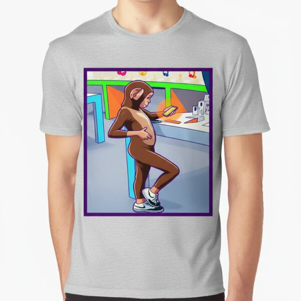 Whimsical Monkey Kid Apple Store Graphic Tee - Soft Unisex Essential T-Shirt