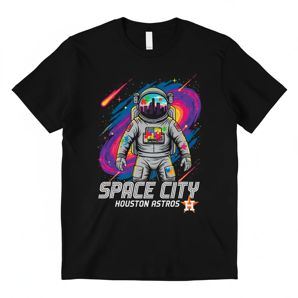 Astronaut Autism Awareness Houston Astros Space City Skyline T-Shirt - Premium Cotton Tee