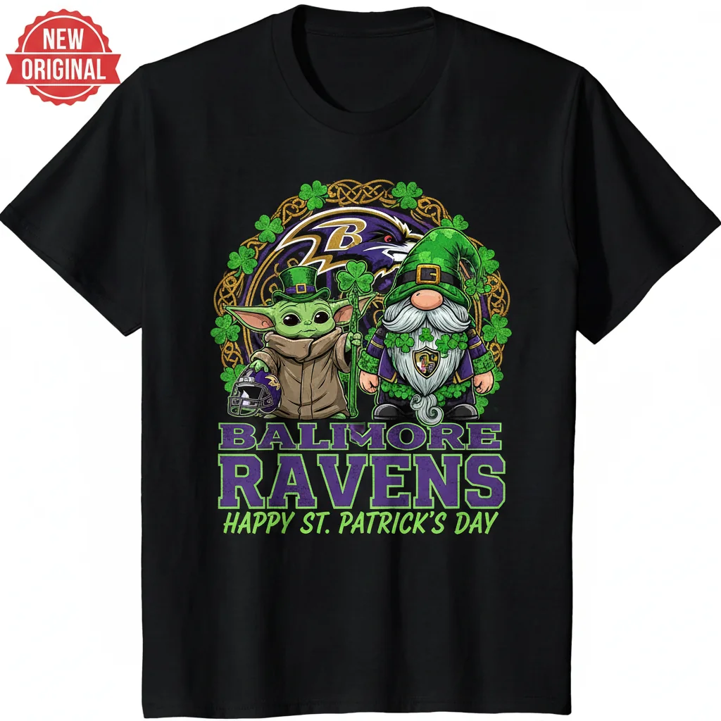 Baltimore Ravens Baby Yoda Gnome Happy St. Patrick's Day T-Shirt
