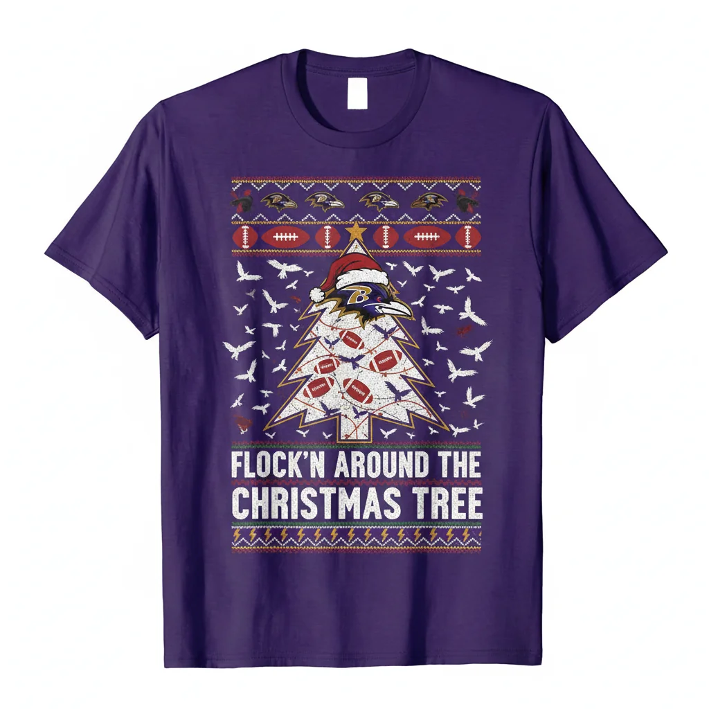 Baltimore Ravens Ugly Christmas Flock'n Around Tree T-Shirt