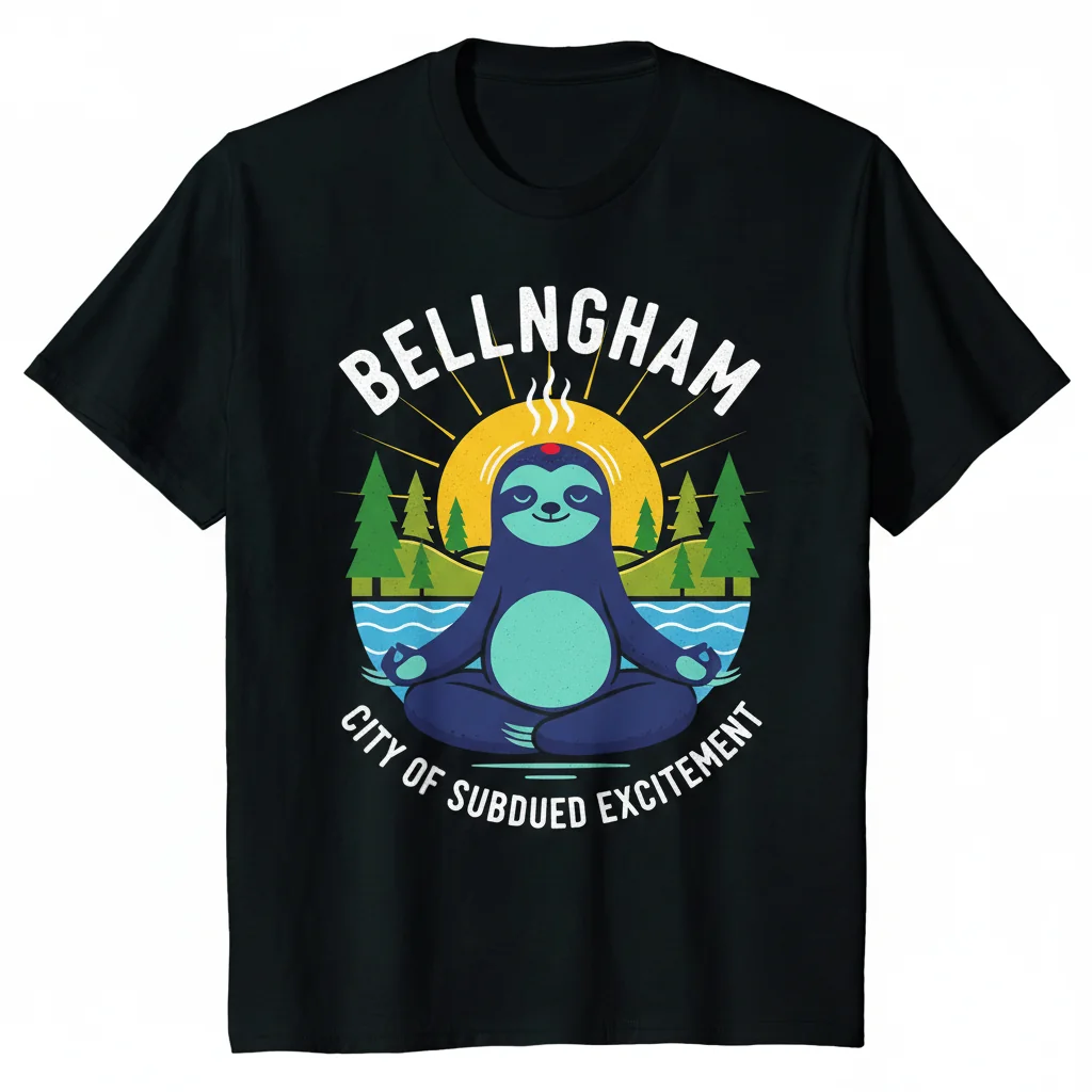 Bellingham Sloth Zen Emblem T-Shirt | City of Subdued Excitement Tee | Premium Ring-Spun Cotton