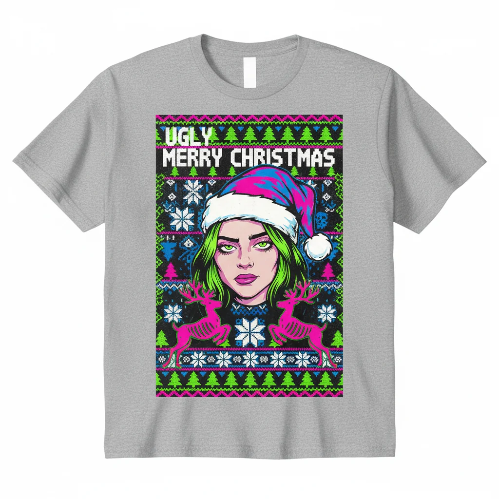 Billie Eilish Ugly Merry Christmas T-Shirt – Festive Fan Tee