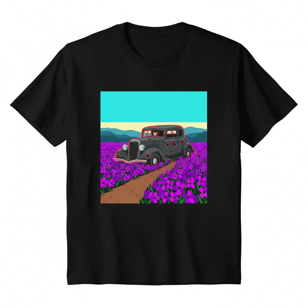 Bonnie and Clyde Death Car in Violets Field T-Shirt - Essential Soft Cotton Tee