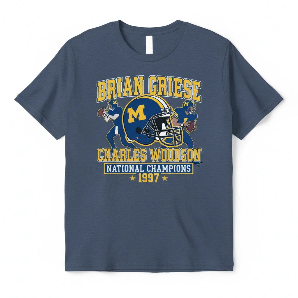 Brian Griese & Charles Woodson '97 Michigan Wolverines Football Shirt | Vintage Tribute Tee 1 Brian Griese & Charles Woodson '97 Michigan Wolverines Football Shirt | Vintage Tribute Tee