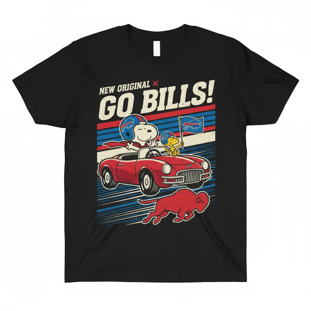 Buffalo Bills x Snoopy & Woodstock 'Go Bills' Driving Car T-Shirt - Ultra-Durable Fan Gear