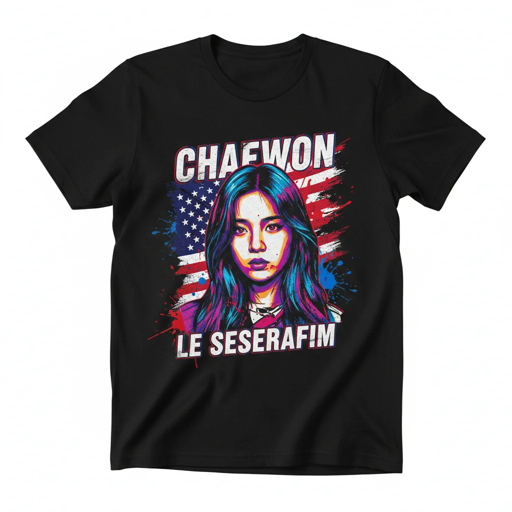 Chaewon US Flag LE SSERAFIM Essential T-Shirt – Durable, Vibrant & Perfect Fit