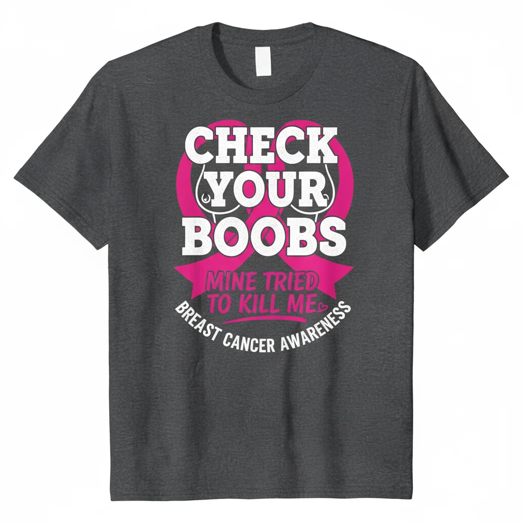 Breast Cancer Awareness T-Shirt: 'Check Your Boobs Mine Tried To Kill Me' - Essential Cotton Tee