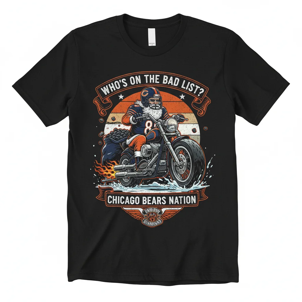 Chicago Bears Harley Davidson Santa Claus 'Bad List' Premium Fan Tee - Fade-Proof & Pre-Shrunk