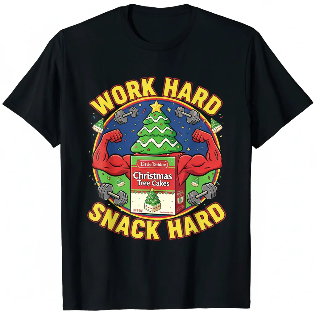 Christmas Tree Cake Box Work Hard Snack Hard T-Shirt – Holiday Baking & Snack Lover Tee