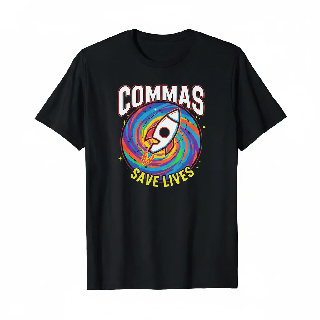 Commas Save Lives T-Shirt Funny English Punctuation Proper Grammar Men's Black Heavyweight Tee - Size S
