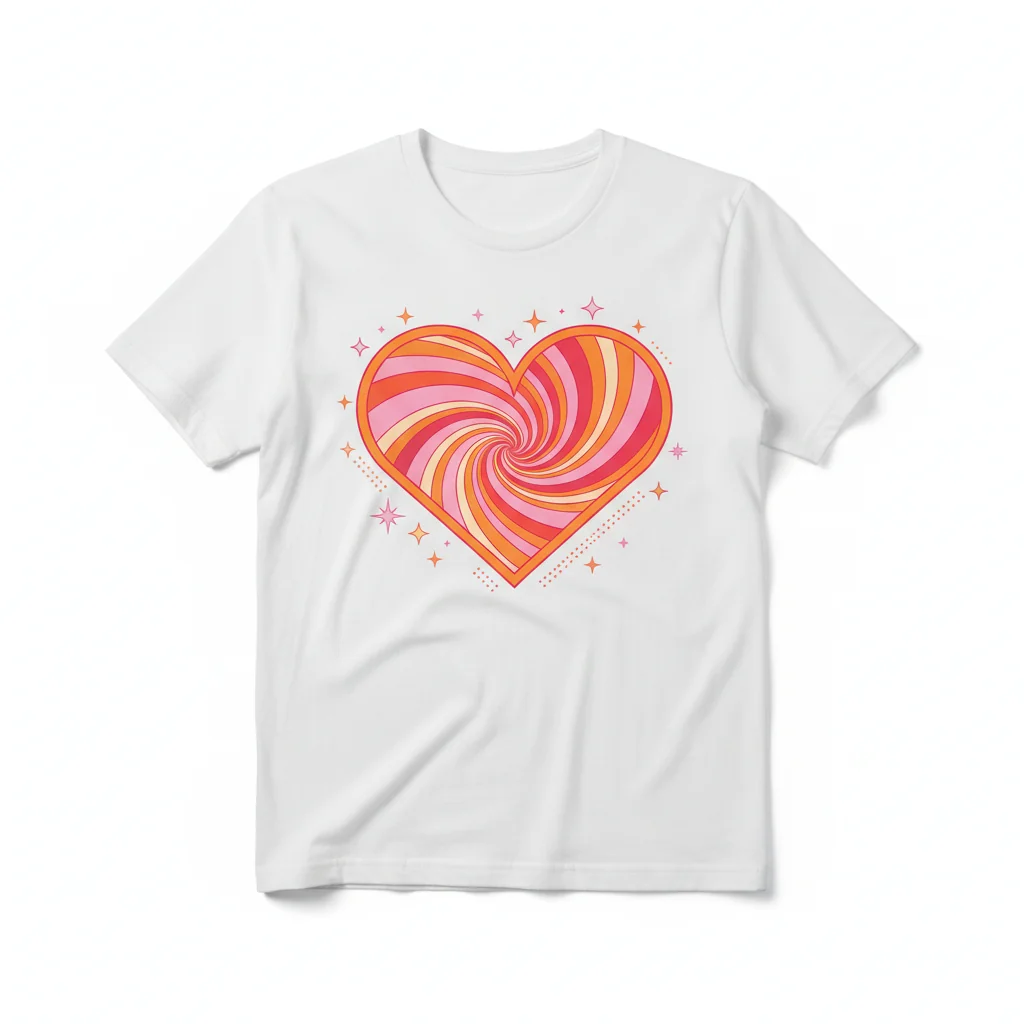 Camiseta Esencial Duradera con Corazón Rosa Vibrante sobre Naranja