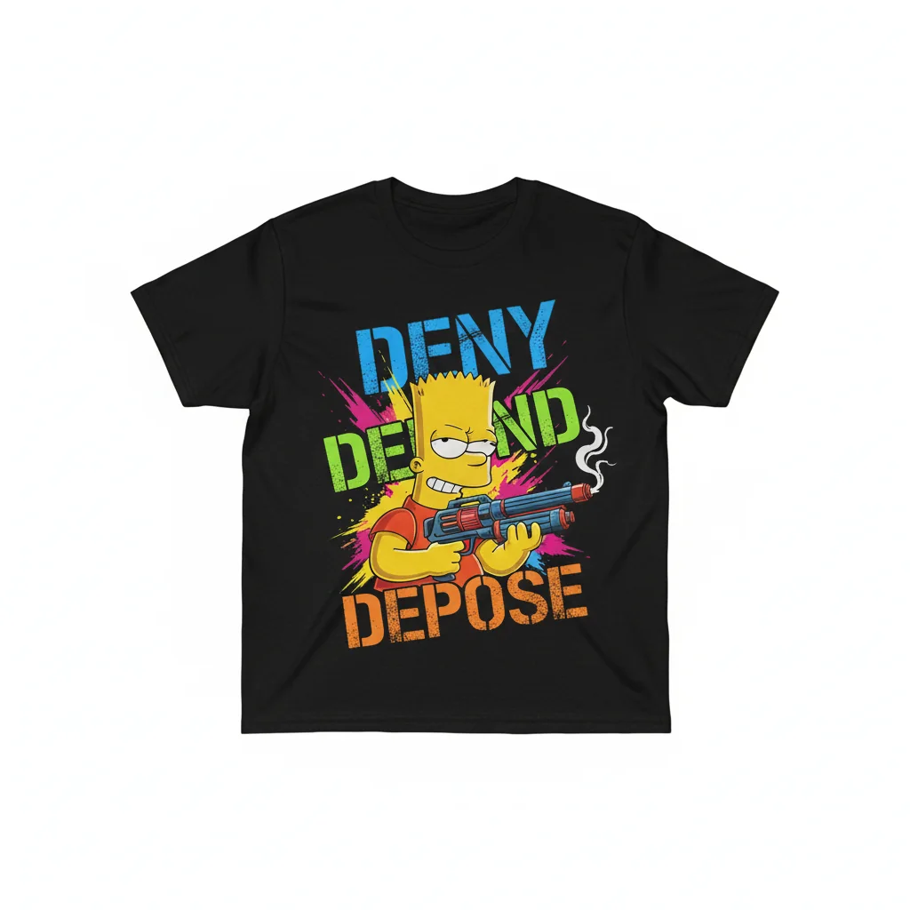 Deny Defend Depose Bart Simpson Gun T-Shirt - Edgy Pop Culture Tee