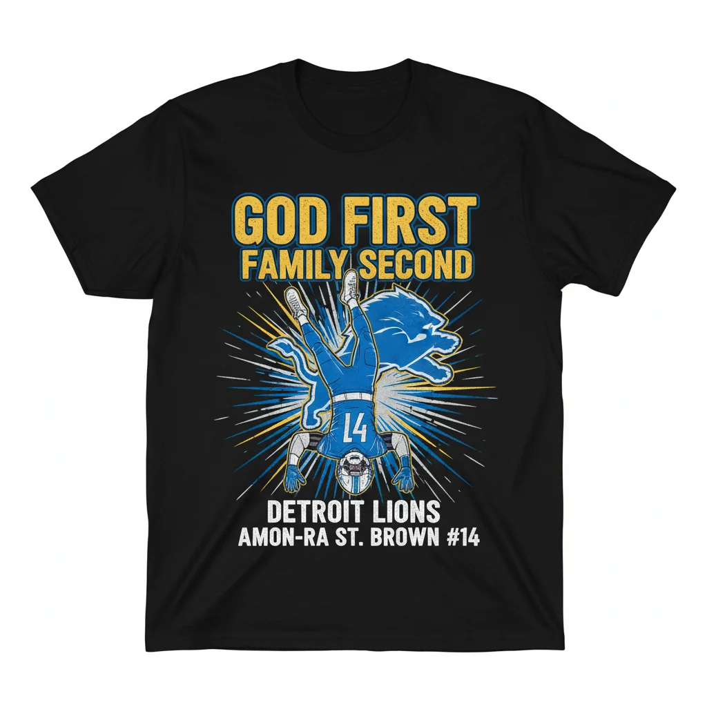 Detroit Lions Amon-Ra St. Brown Headstand God First Family Second T-Shirt - Premium Cotton Fan Apparel