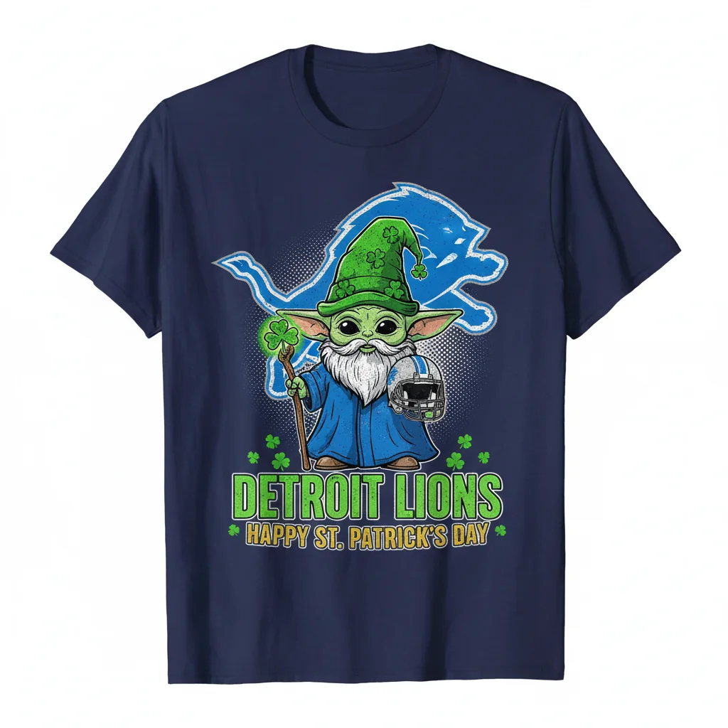 Detroit Lions Baby Yoda Gnome St. Patrick's Day Unisex Tee – Fade-Resistant & Comfortable