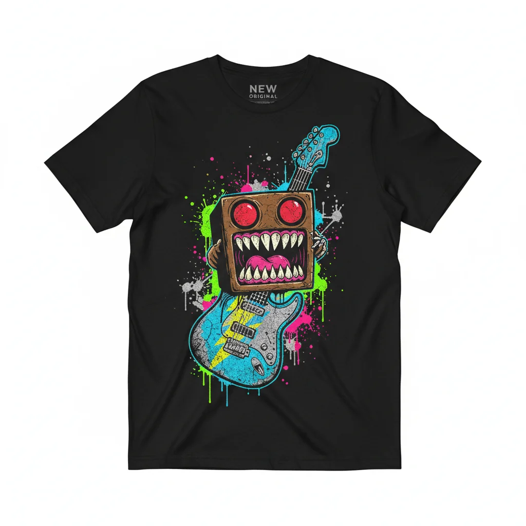 Domo Kun Guitar Face T-Shirt - Trendy Cartoon Monster Eyes Graphic Tee (Men's Classic Fit, Black)