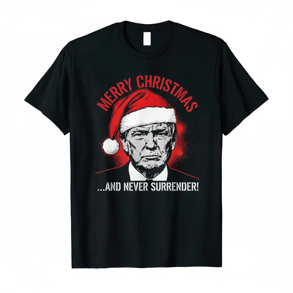 Camiseta 'Donald Trump y Santa Claus: Feliz Navidad y Nunca Te Rindas' - Edición Duradera