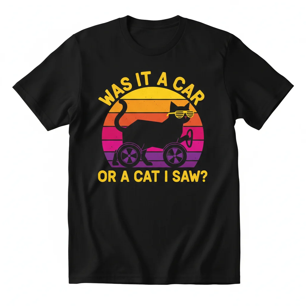 Was it a Car or a Cat I Saw? Funny Palindrome Retro Cat Unisex T-Shirt – Durable & Fade-Resistant