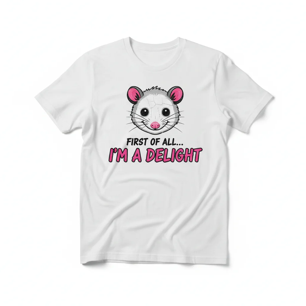 Funny Possum Jokes "First Of All I'm A Delight" Essential T-Shirt - Men's & Women's Ring-Spun Cotton Tee