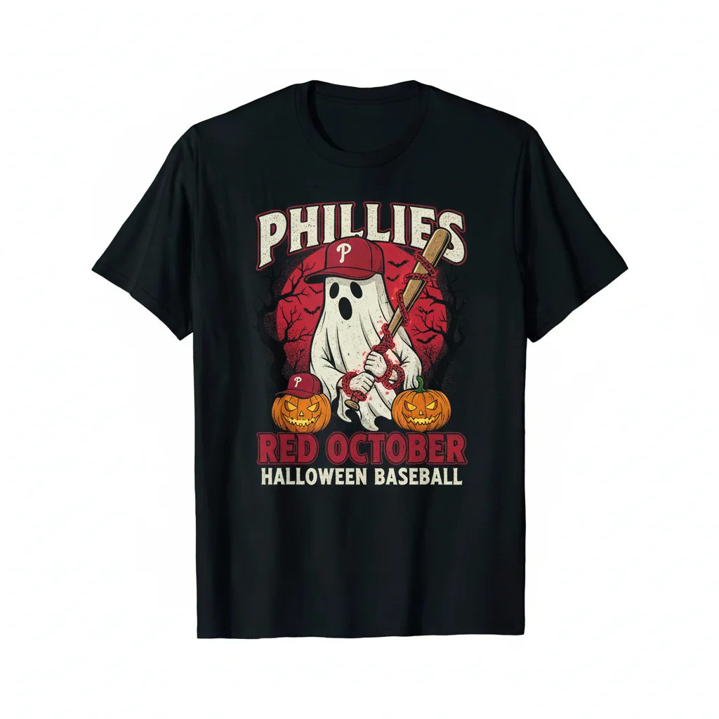 Red October Phillies Ghost Baseball Halloween Tee - Spirit of Victory