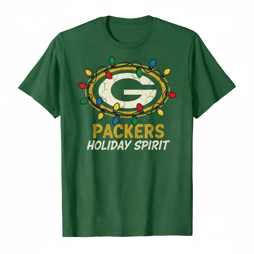 Packers Primary Logo Holiday Lights Tee: Game Day Glow