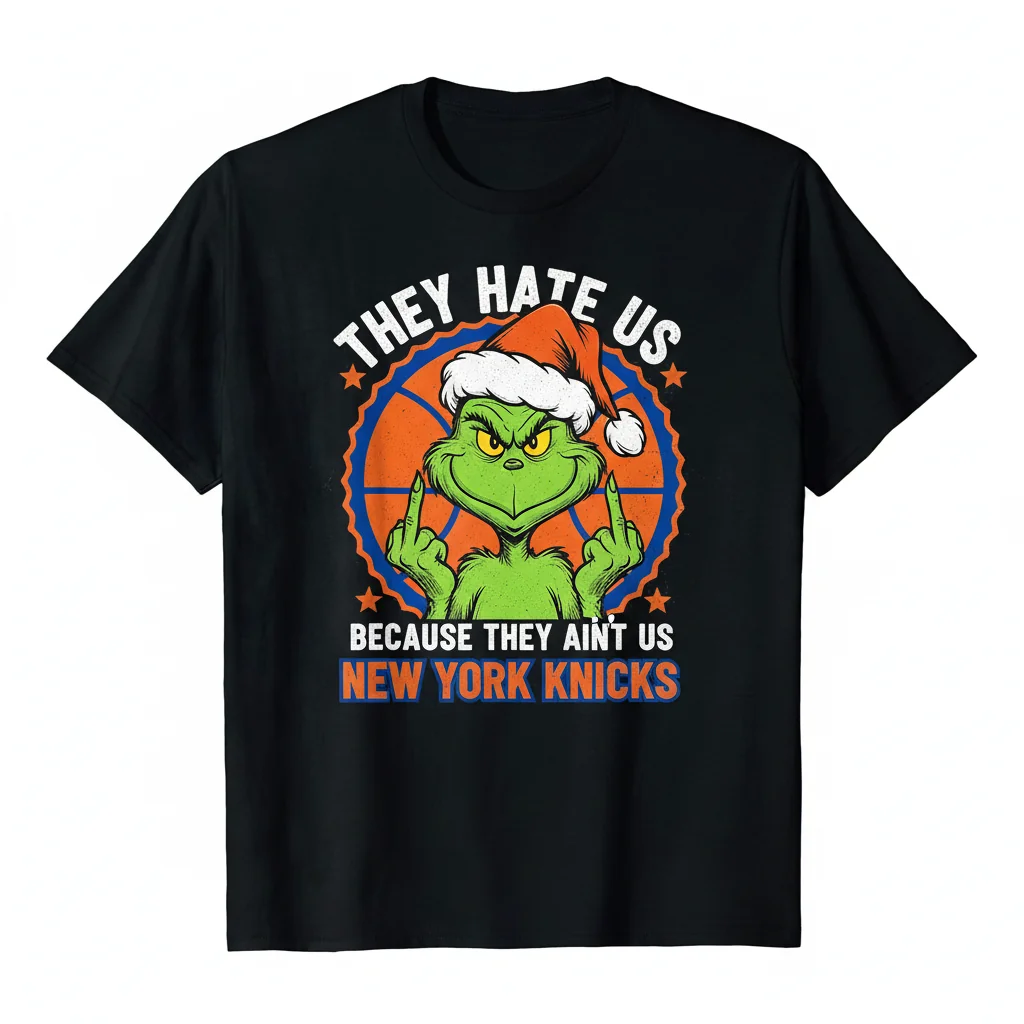 Grinch Santa Hat Middle Finger New York Knicks T-Shirt - 'They Hate Us' Slogan