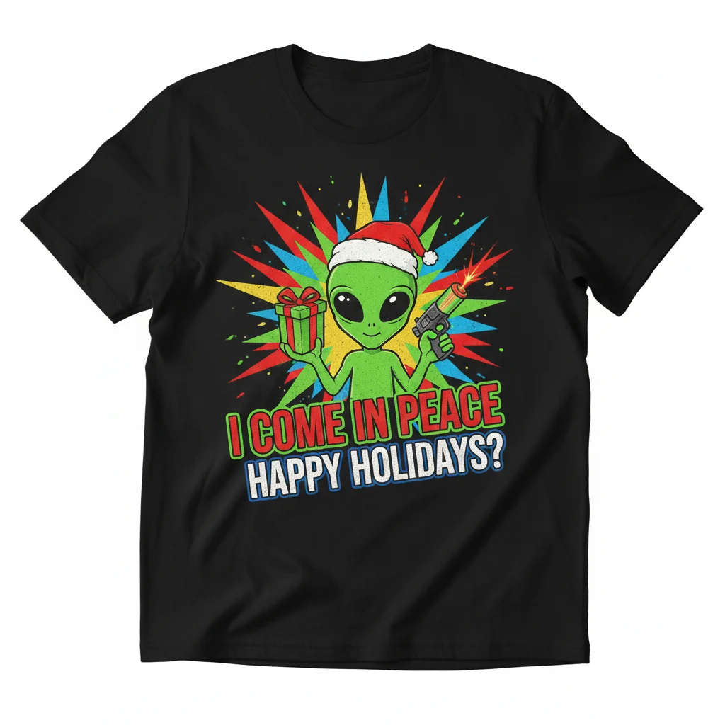 Divertida camiseta navideña 'I Come in Peace' Alien Ugly Christmas | Algodón suave