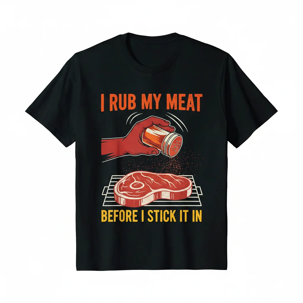 Funny BBQ Grilling Chef T-Shirt - 'I Rub My Meat Before I Stick It In'