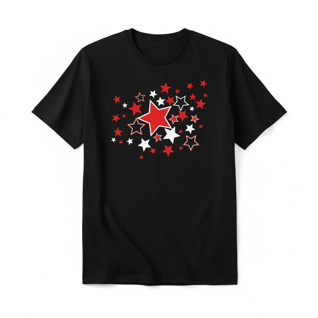 T-Shirt Estampada Estrelas Grandes Brancas e Vermelhas