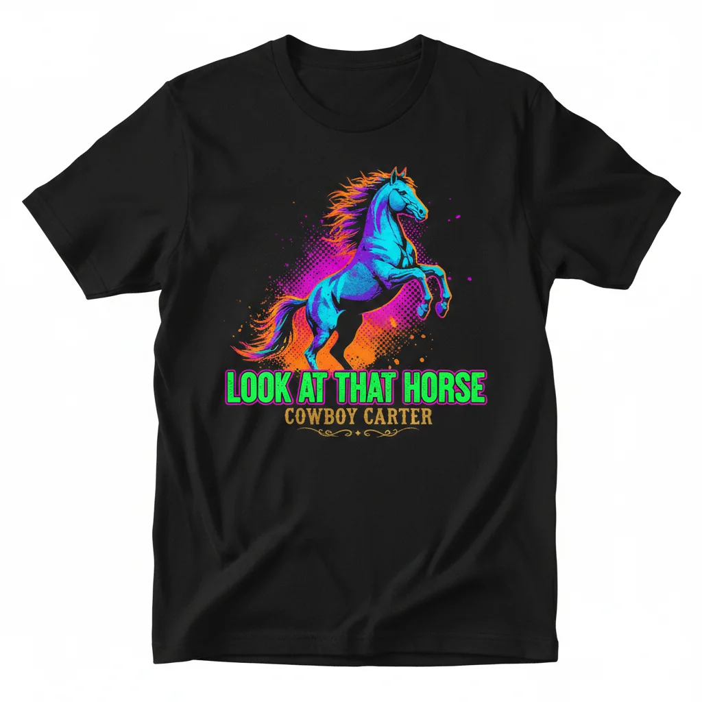 Durable & Vibrant "LOOK AT THAT HORSE" Cowboy Carter Inspired Unisex T-Shirt – Fade-Resistant & Pre-Shrunk