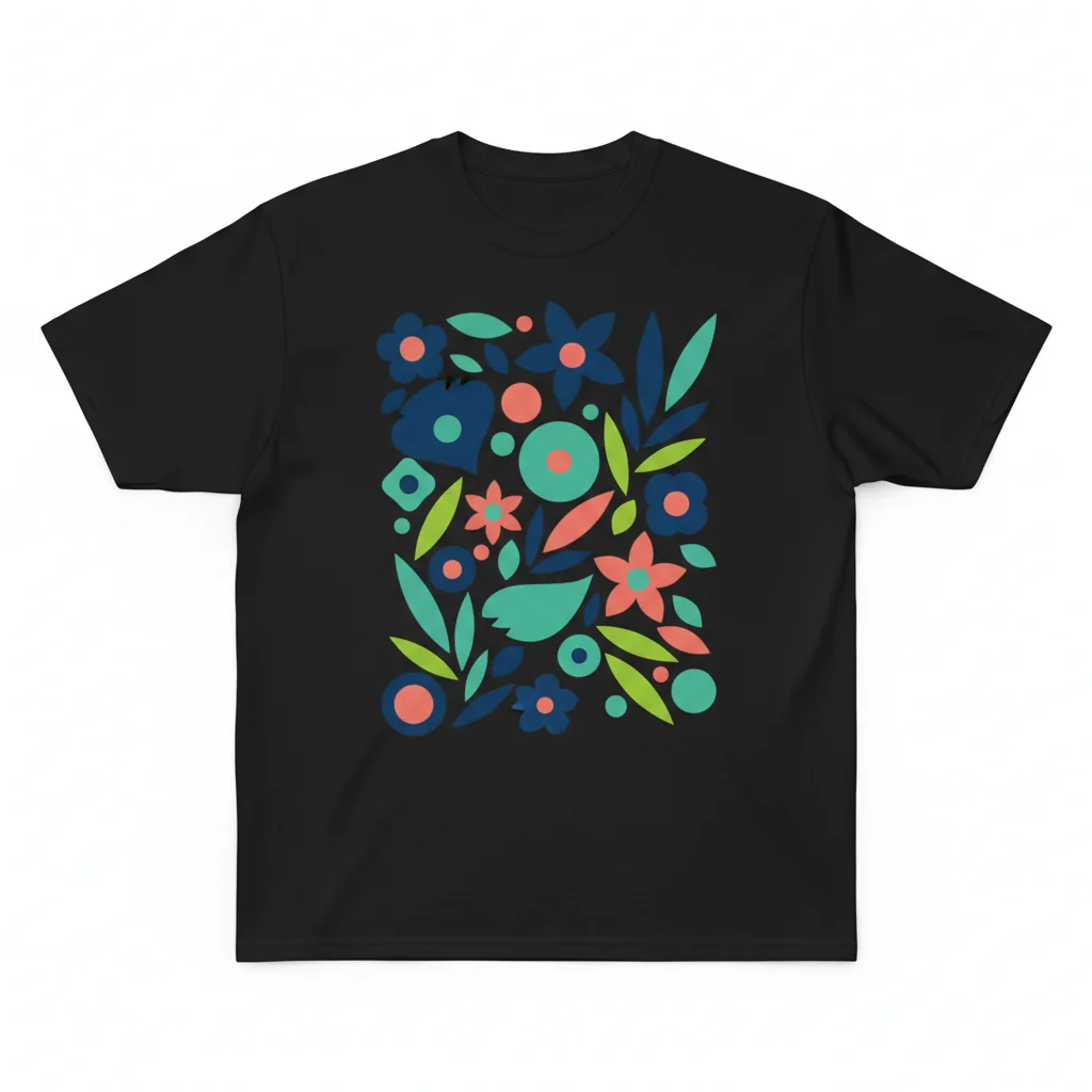 Vibrant Floral Pattern Graphic T-Shirt - Navy, Mint, Turquoise, Coral & Lime