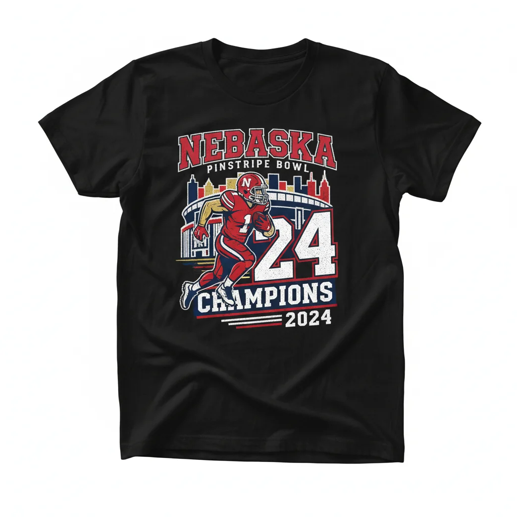 Embrace Victory: 2024 Pinstripe Bowl Champs Nebraska Cornhuskers Football Tee