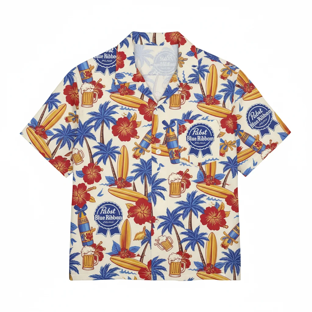 Pabst Blue Ribbon Hawaiian Shirt - Classic Beer Brand Aloha Apparel