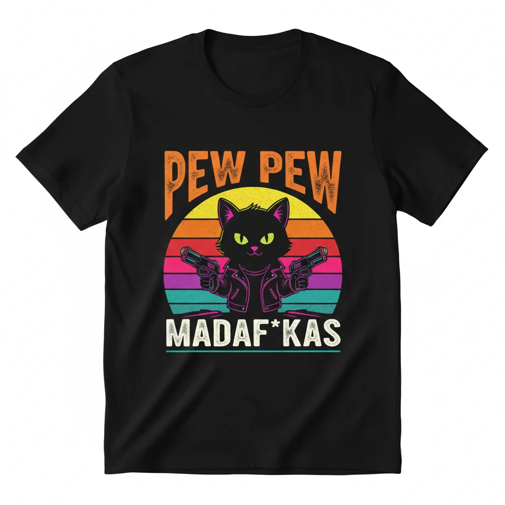 Pew Pew Madafakas Cat Sunset Vintage T-Shirt - Funny Summer Cat Lover Gift