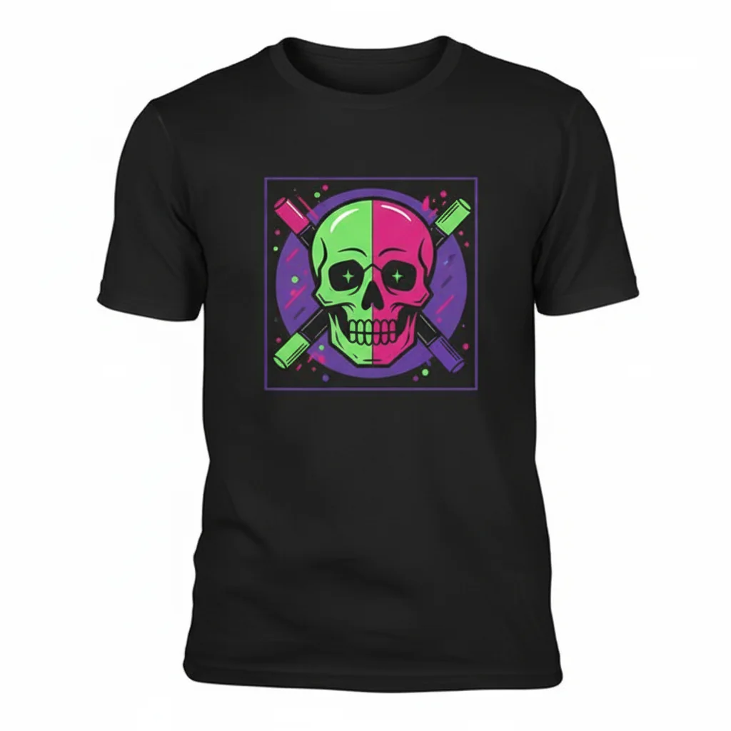 Pink & Green Skull in Purple Circle with Pens & Markers Graphic T-Shirt | Unique Essential Tee