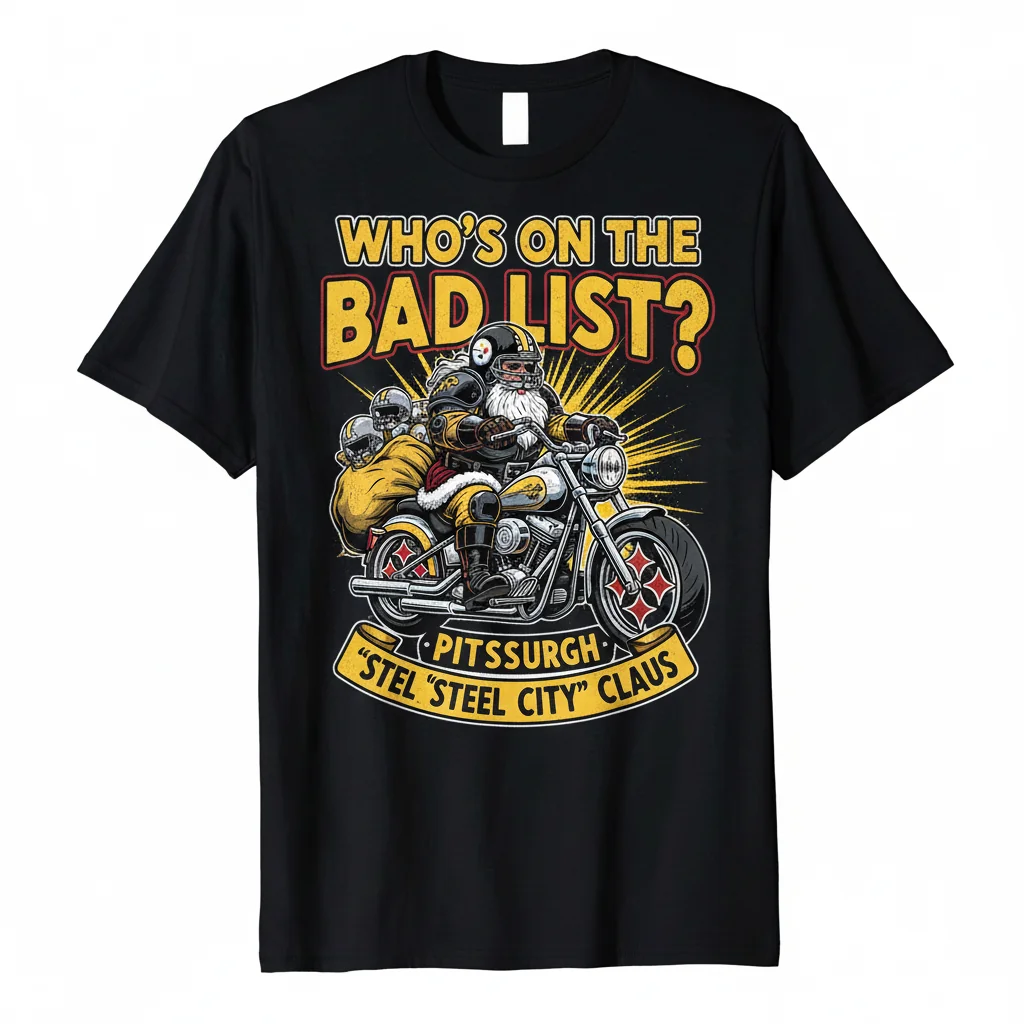Durable Pittsburgh Steelers & Harley-Davidson 'Bad List' Santa Tee – Fade-Resistant & Pre-Shrunk