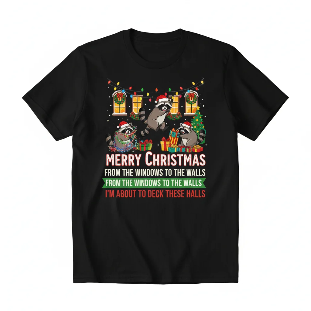 Raccoon Merry Christmas "Deck These Halls" Ultra-Durable Graphic Tee