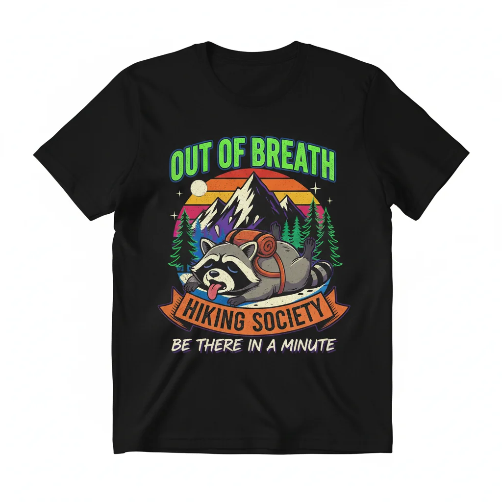 Raccoon Out of Breath Hiking Society Shirt – Durable, Comfy & Fade-Resistant