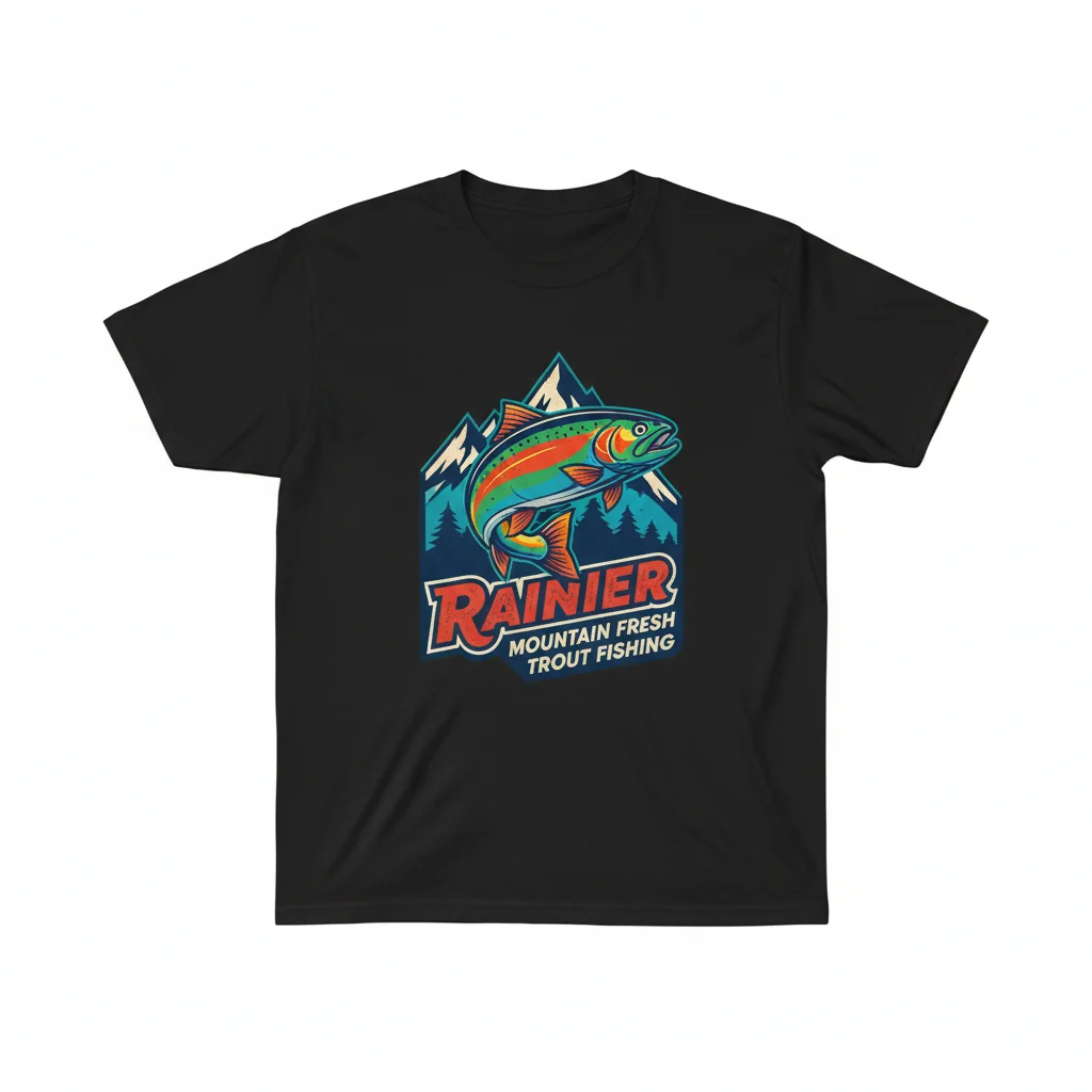 Rainier Beer Mountain Fresh Trout Fishing T-Shirt | Vintage Graphic Tee for Anglers