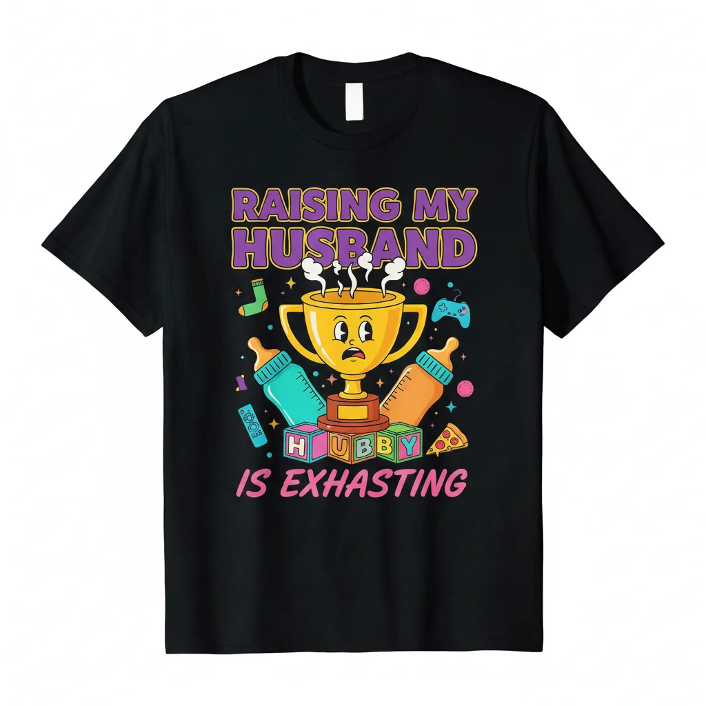 Durable & Comfortable: "Raising My Husband Is Exhausting" Essential T-Shirt – Pre-Shrunk, Fade-Resistant