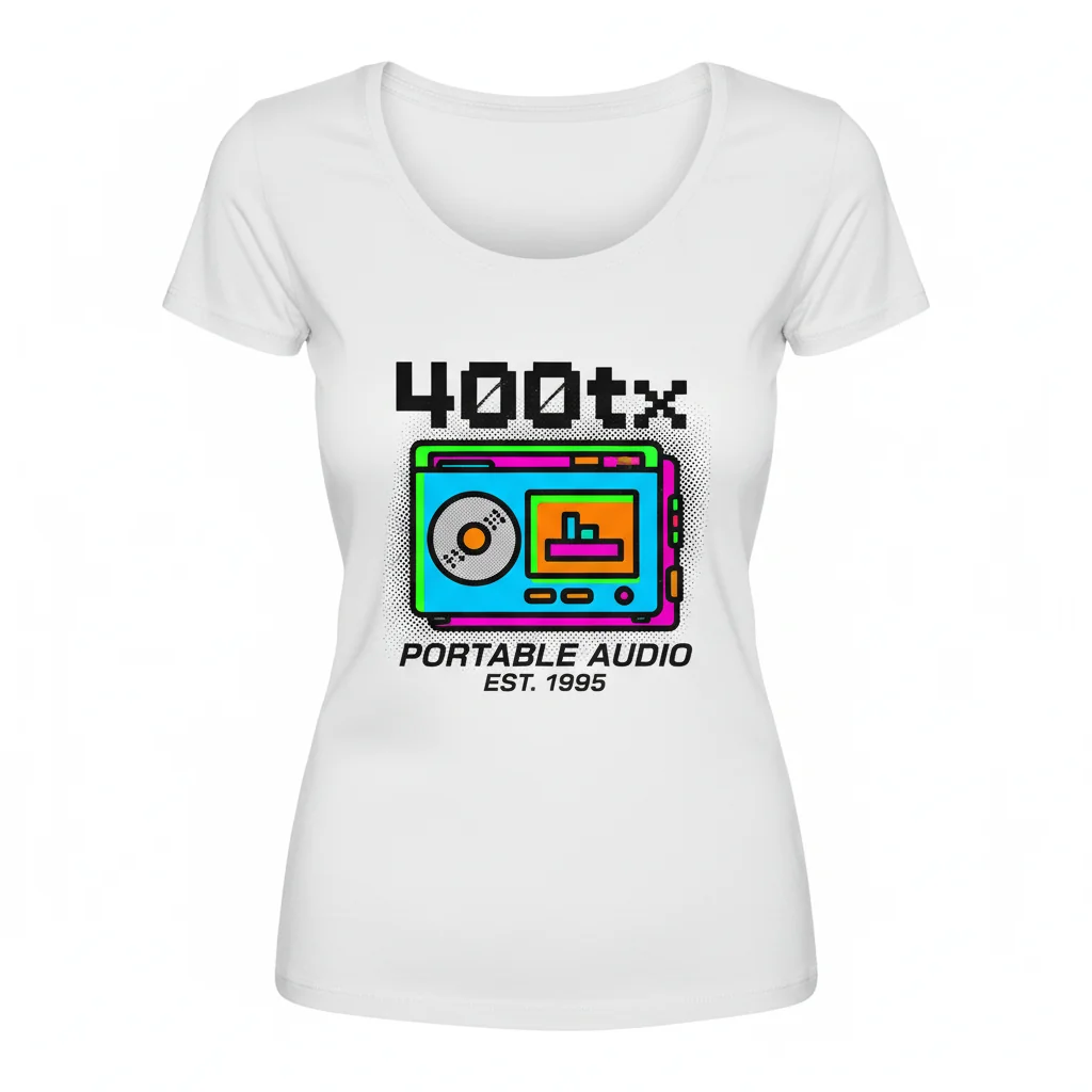 Camiseta Escote Redondo Retro Discman CD Portátil Logo (Colores Claros)