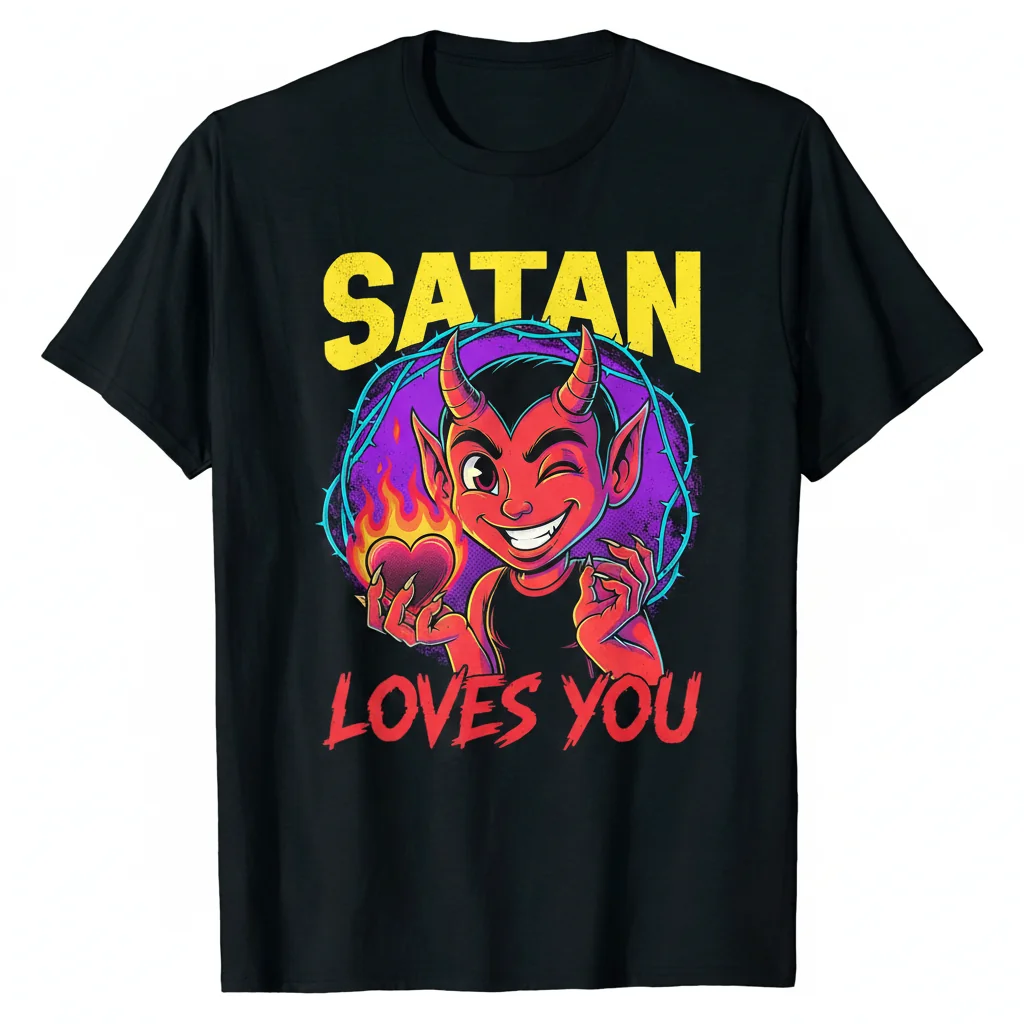 Camiseta Esencial "Satan Loves You": Comodidad Duradera y Diseño Vibrante