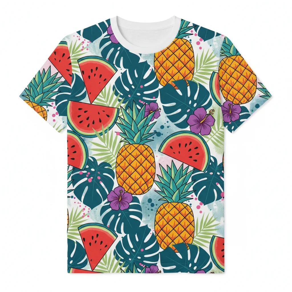 Summer Fruit & Leaf Seamless Pattern Essential T-Shirt - Pineapple, Watermelon, Tropical Leaves