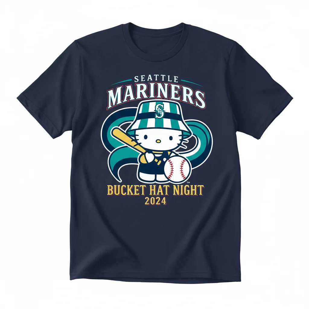 Embrace the Joy: Seattle Mariners x Hello Kitty Bucket Hat Night Tee 1 Embrace the Joy: Seattle Mariners x Hello Kitty Bucket Hat Night Tee