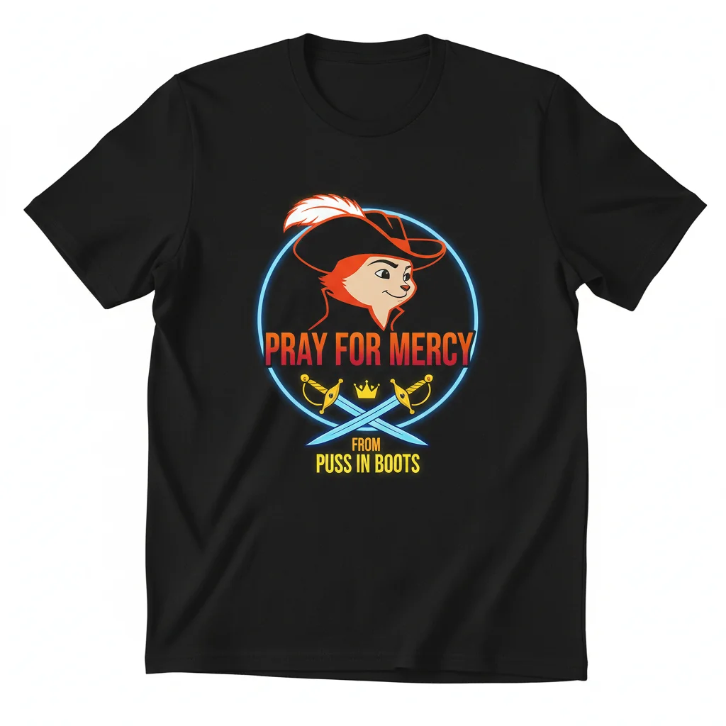 Puss In Boots 'Pray For Mercy' Sword T-Shirt - A Shrek 2 Artful Statement