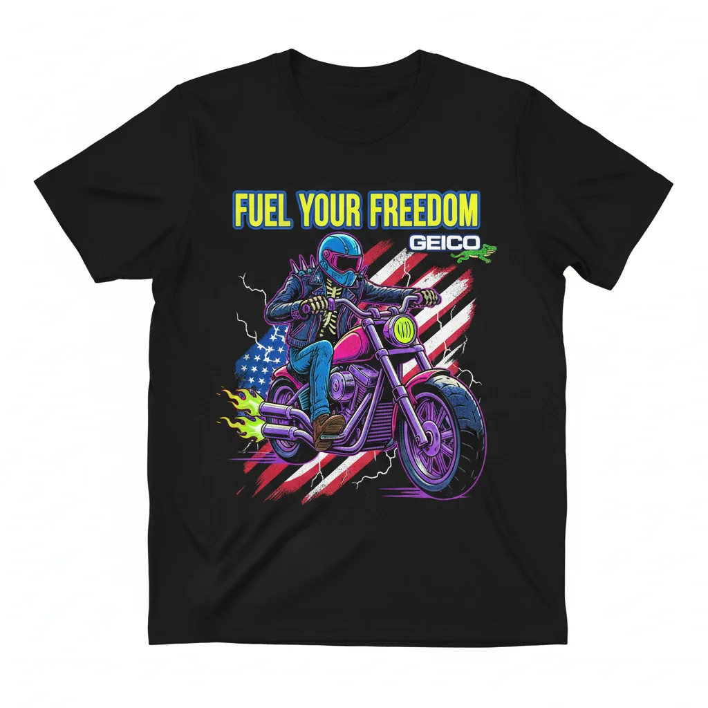 Esqueletos en Moto Geico "Fuel Your Freedom" Bandera Americana Playera