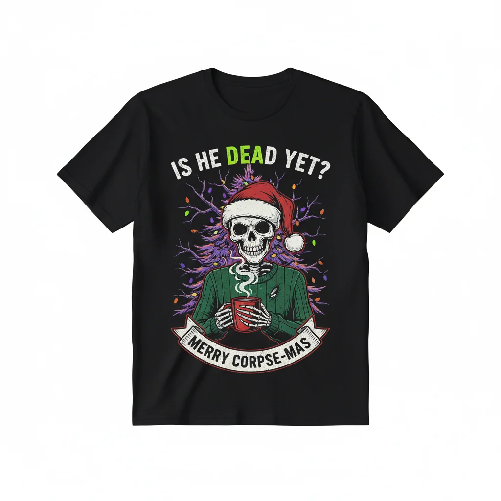 Skeleton Santa Hat "Is He Dead Yet?" Premium Christmas Tee