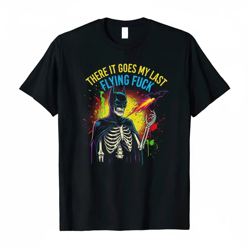 Skeleton Batman 'Last Flying F***' Humorous Graphic T-Shirt | Funny Dark Humor Tee