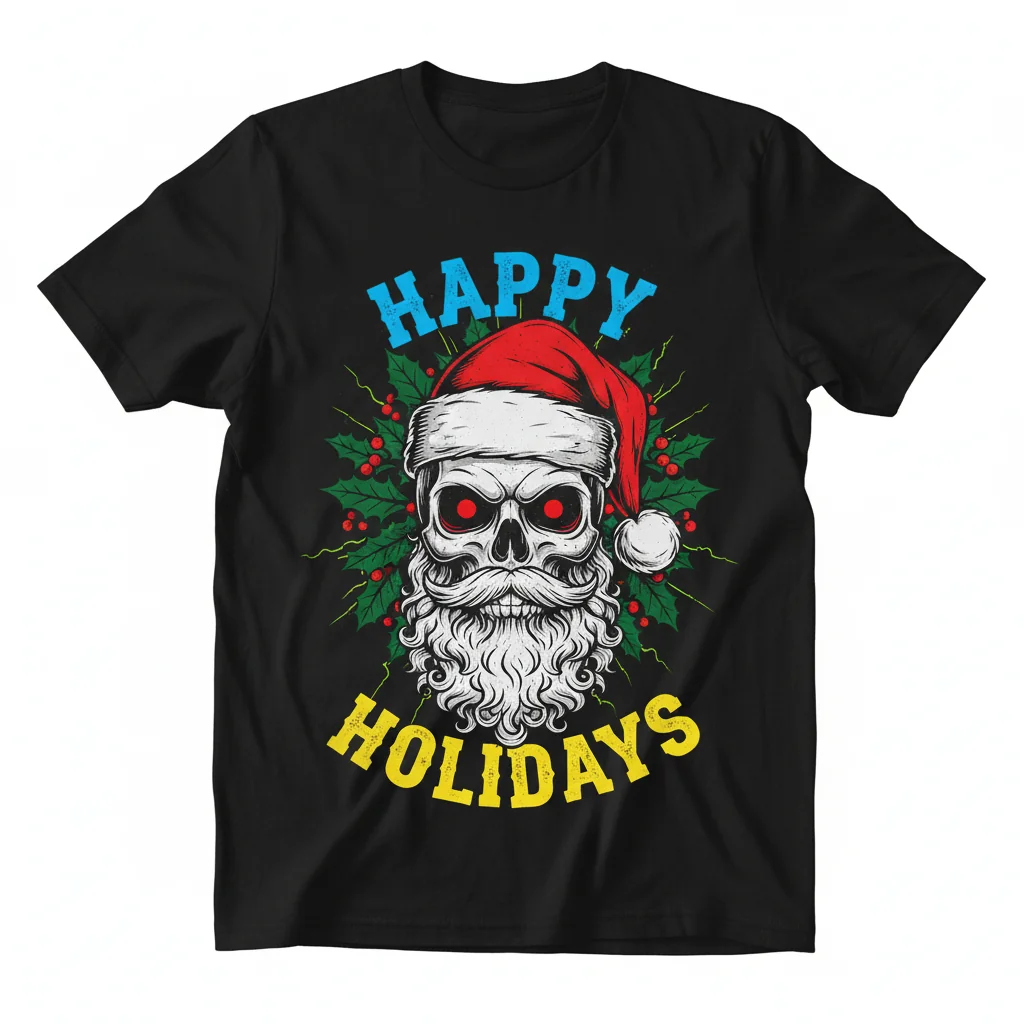 Skull Santa Happy Holidays Christmas Shirt - Festive Holiday Tee