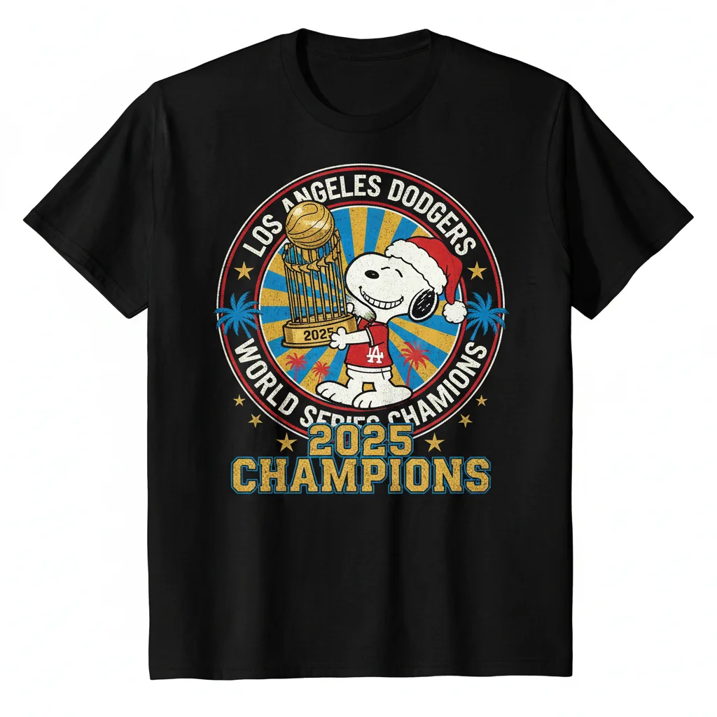 Camiseta Snoopy Santa X Los Angeles Dodgers Campeones Serie Mundial 2025 – Durabilidad y Estilo